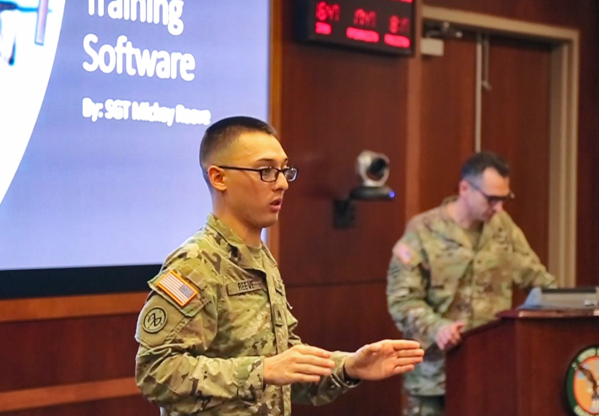U.S. Army Sgt. Mickey Reeve presents his idea at the Innovation Oasis Competition. (Photo Courtesy of the United States Central Command)